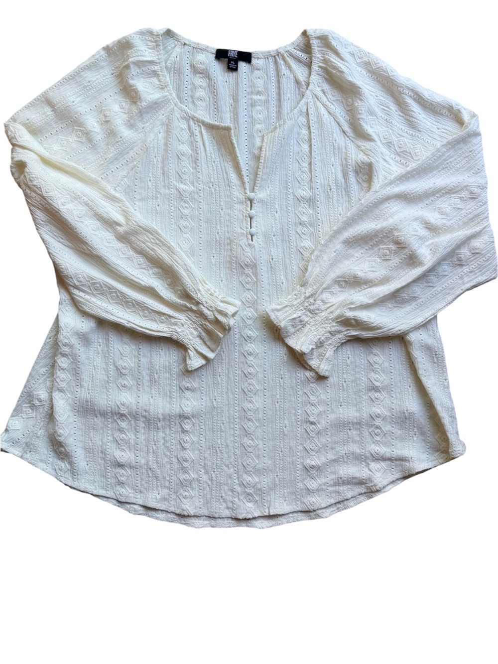 FRYE Ivory Textured Eyelet Peasant Blouse Size XL Long Sleeve Button Notch